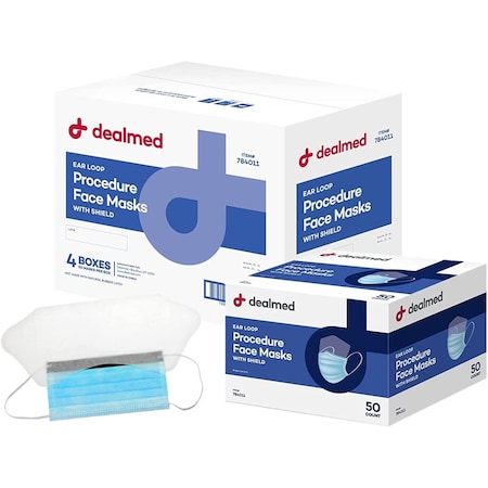 Dealmed Procedure Face Mask With Ear Loop & Shield, Blue, 50/Bx, 4/Cs, 200PK 784011